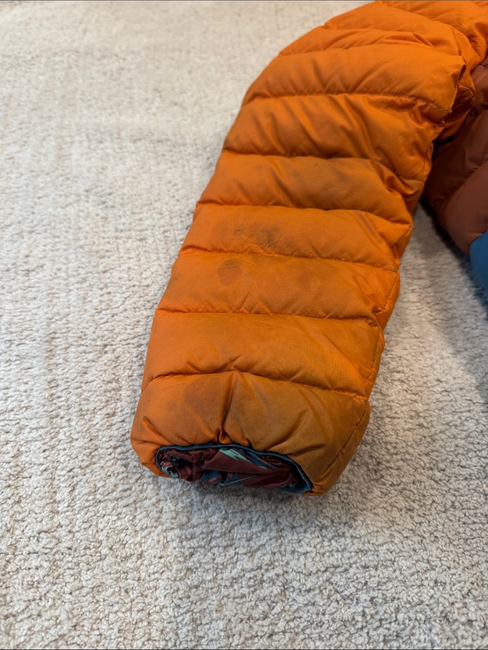 Patagonia Orange, Brown & Blue Hooded Puffer Jacket - Picture 9 of 10